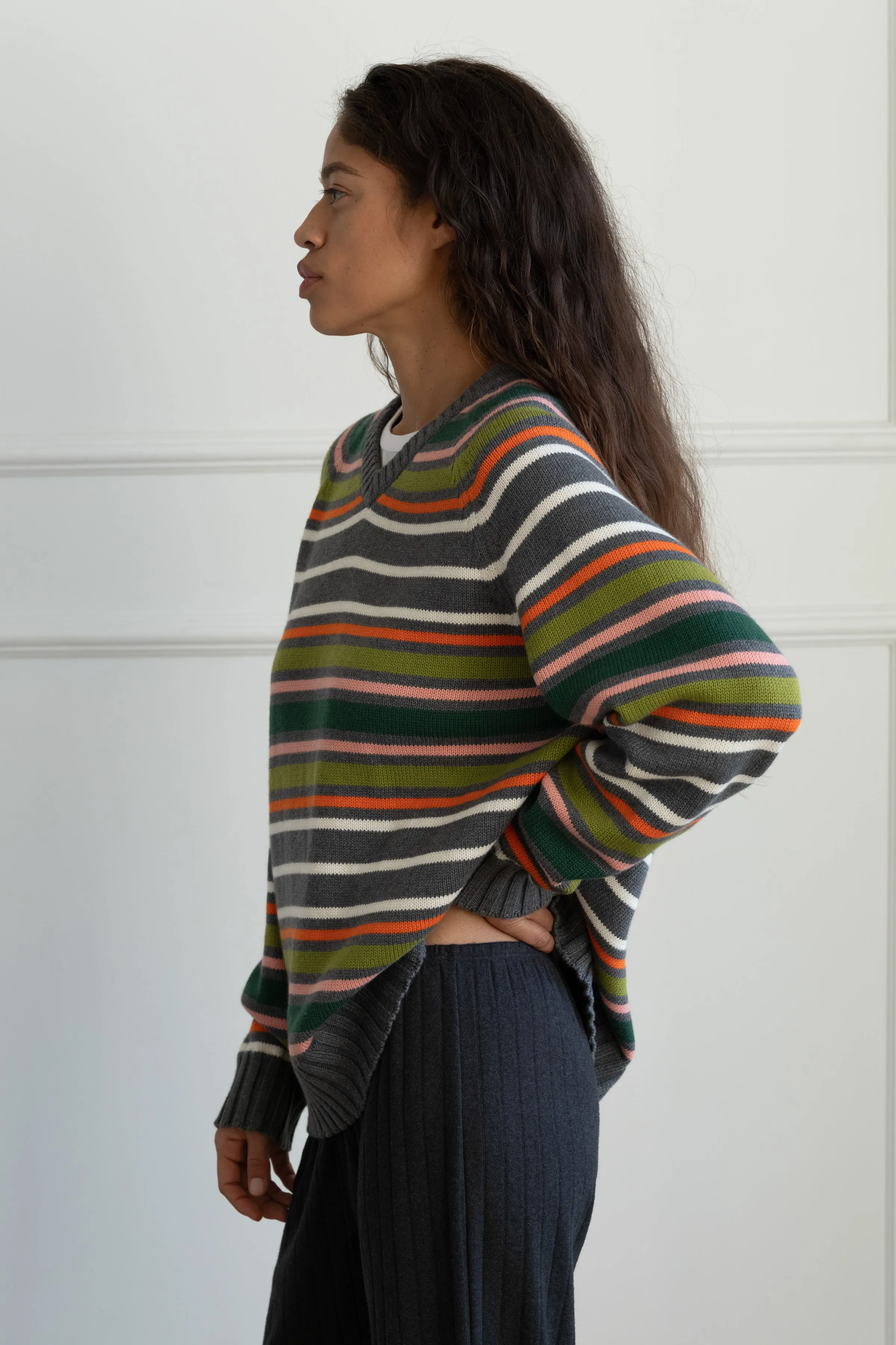 The Cotton Cashmere Stripe V-Neck Sweater sold by DONNI. product image thumbnail 4