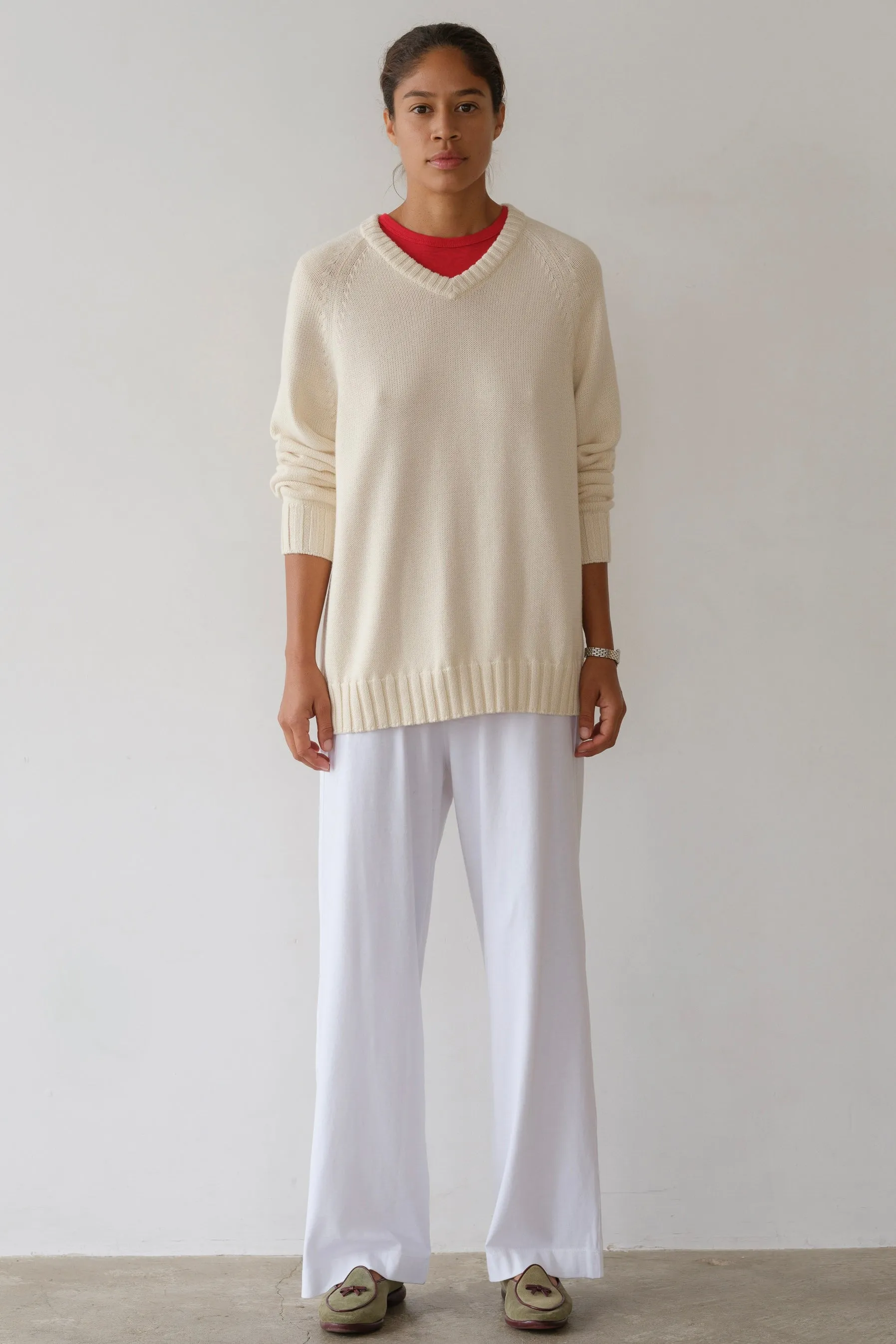 The Cotton Cashmere V-Neck Sweater sold by DONNI.