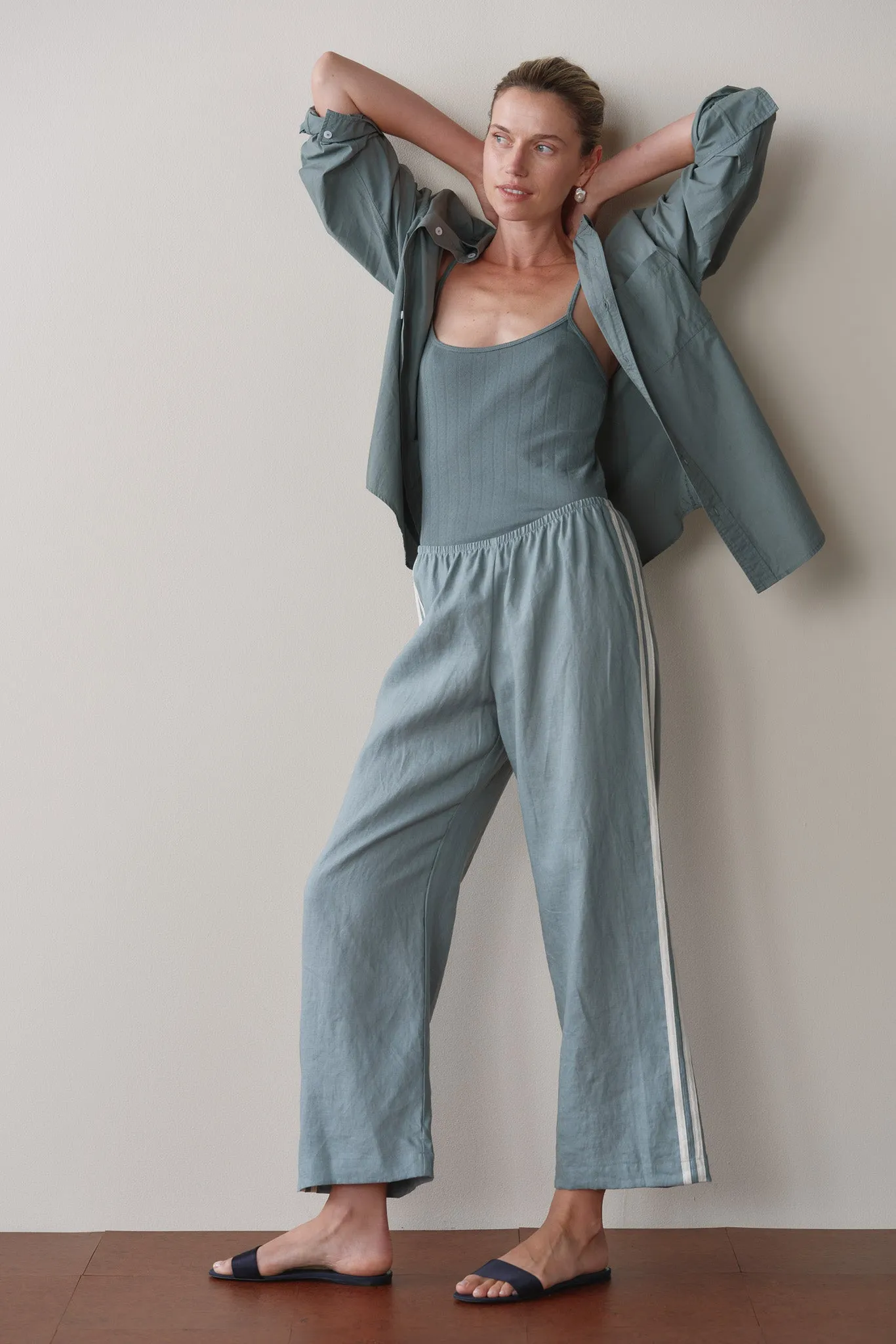 The Linen Crop Stripe Pant sold by DONNI.