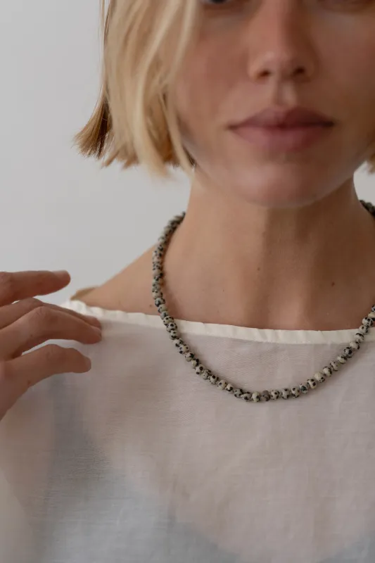 The Dalmatian Jasper Rondelle Necklace made by DONNI.