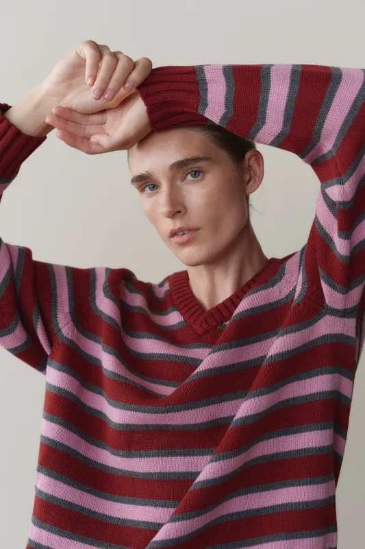 The Cotton Knit Stripe V-Neck Sweater made by DONNI.