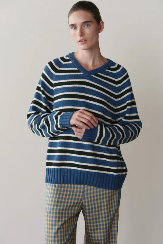 The Cotton Knit Stripe V-Neck Sweater made by DONNI.