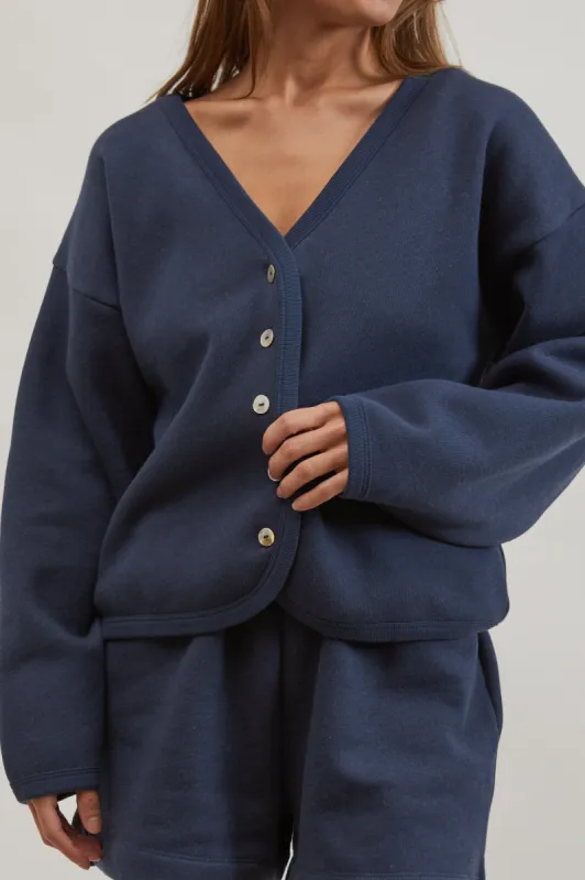 eco-fleece cardi made by DONNI.