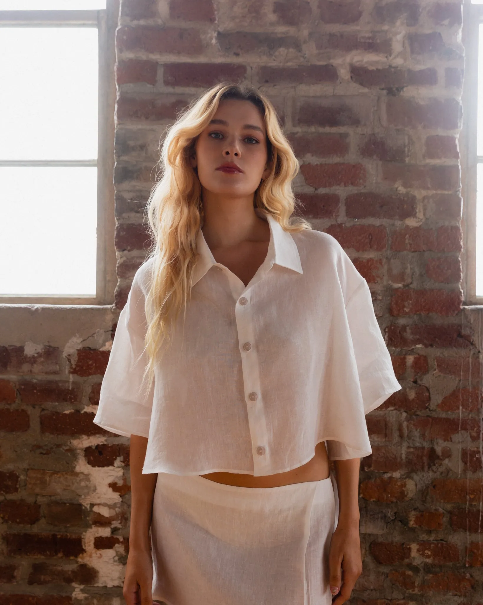 Linen Cropped Short Sleeve Blouse - White sold by My Mum Made It product image thumbnail 2