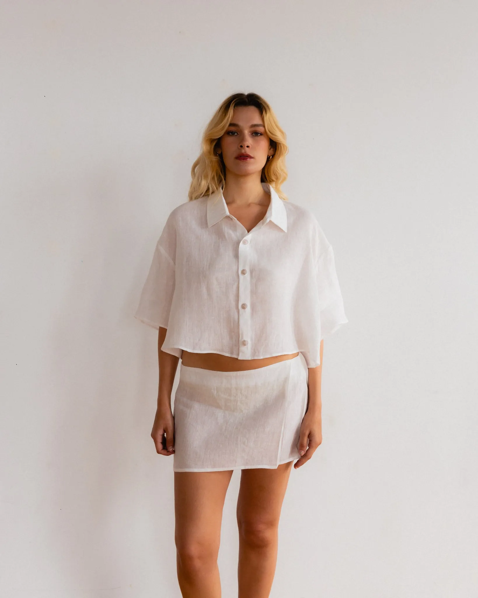Linen Cropped Short Sleeve Blouse - White sold by My Mum Made It product image thumbnail 5
