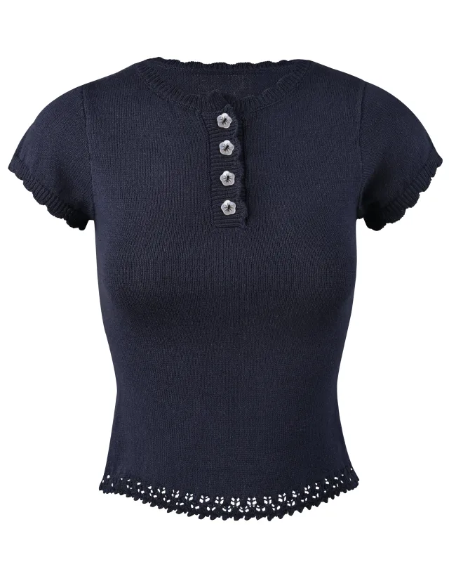 Lace Knit Button Top - Navy sold by My Mum Made It