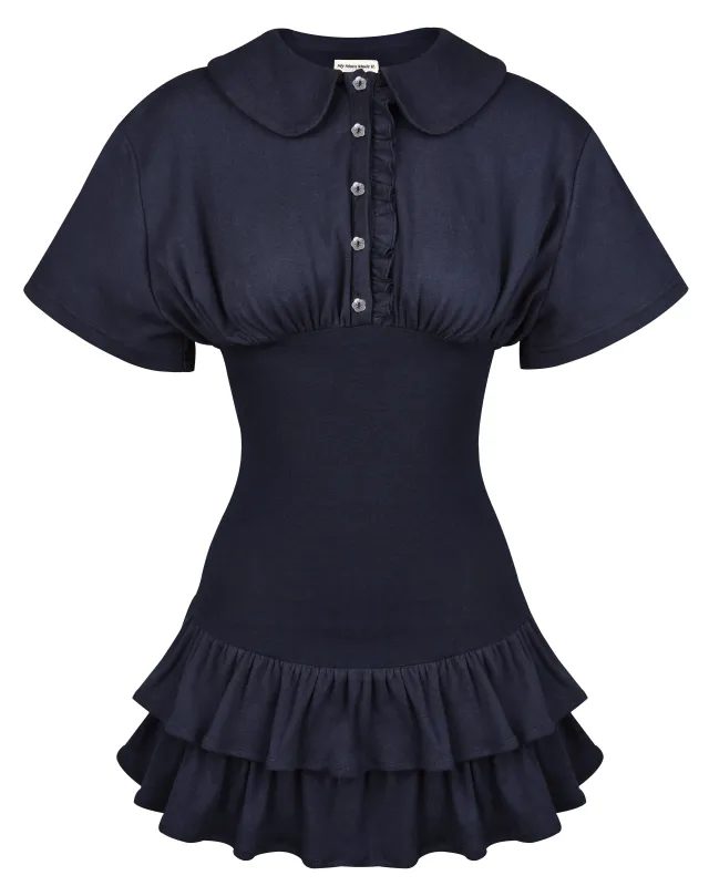 Collar Fitted Frill Dress - Navy sold by My Mum Made It