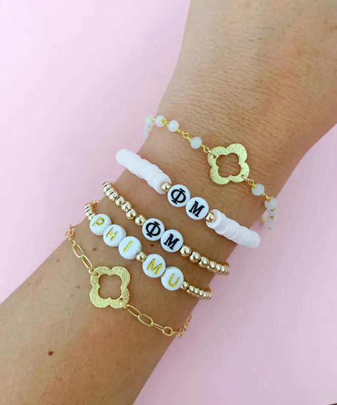 Phi Mu Quatrefoil or Letters Gold Bracelet sold by Mermaid & Me
