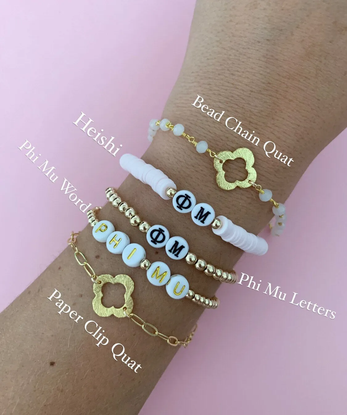 Phi Mu Quatrefoil or Letters Gold Bracelet sold by Mermaid & Me product image thumbnail 4