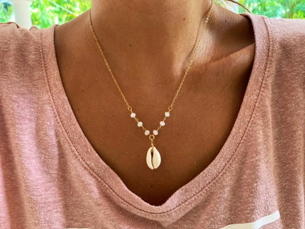 Cowrie Shell with Beaded Chain Necklace sold by Mermaid & Me