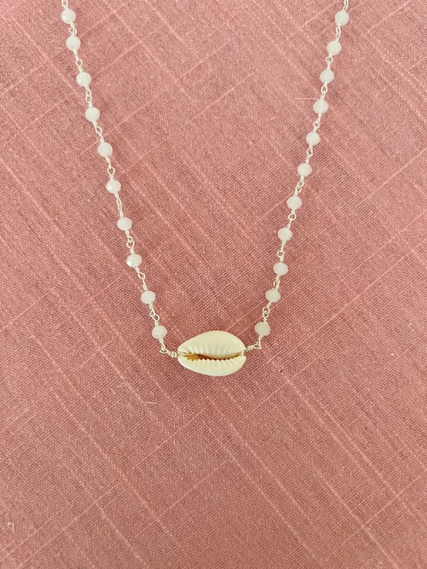 Horizontal Cowrie Shell Necklace on Silver Beaded Chain sold by Mermaid & Me