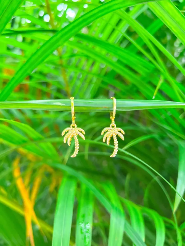 Gold Palm Tree Huggie Hoop Earrings sold by Mermaid & Me