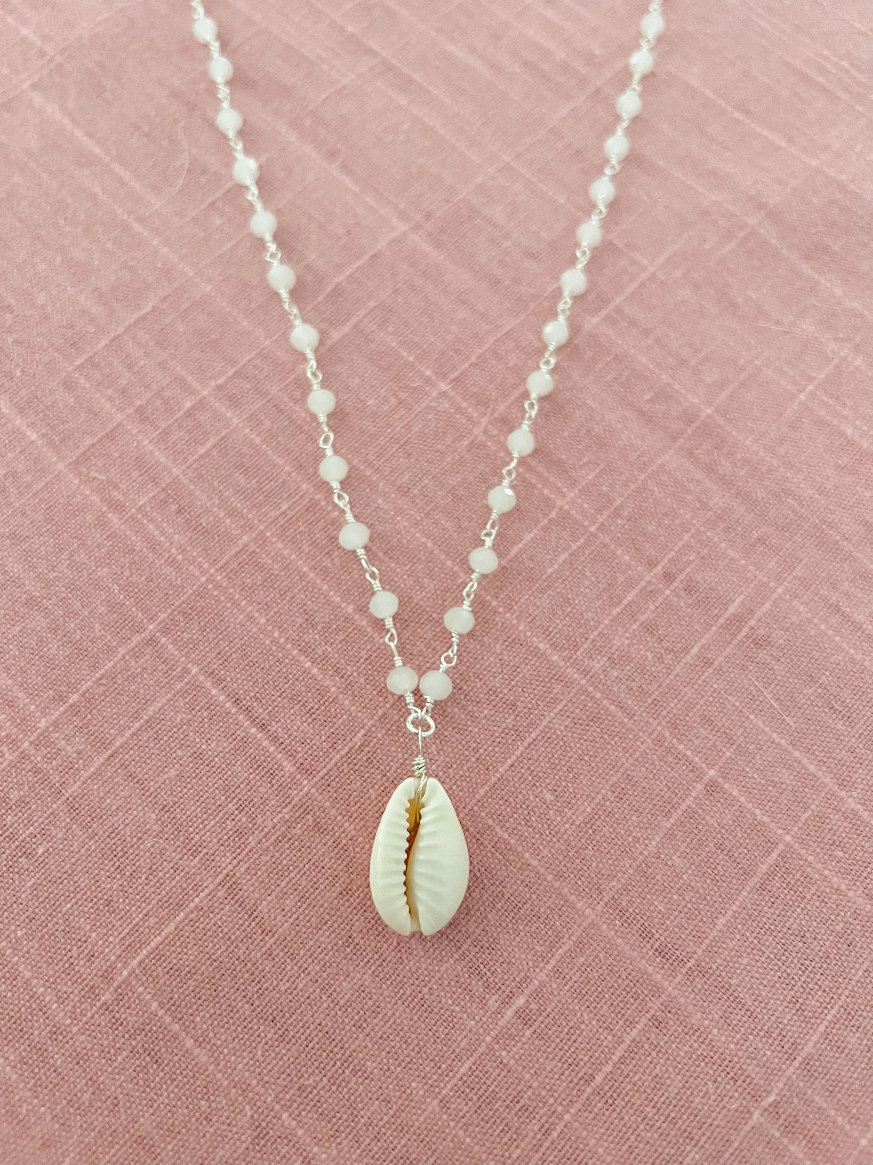 Vertical Cowrie Shell Necklace on Silver Beaded Chain sold by Mermaid & Me