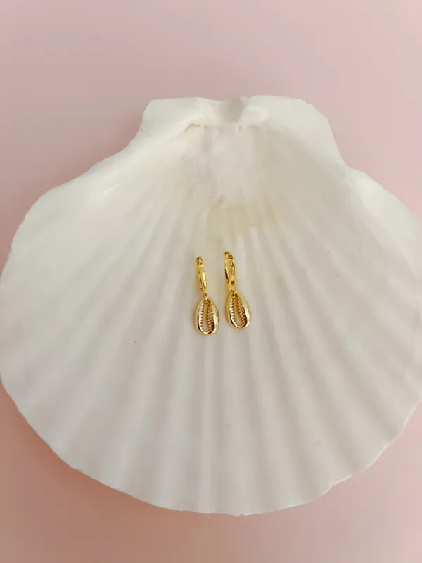 Mini Gold Cowrie Shell Huggie Hoop Earrings sold by Mermaid & Me