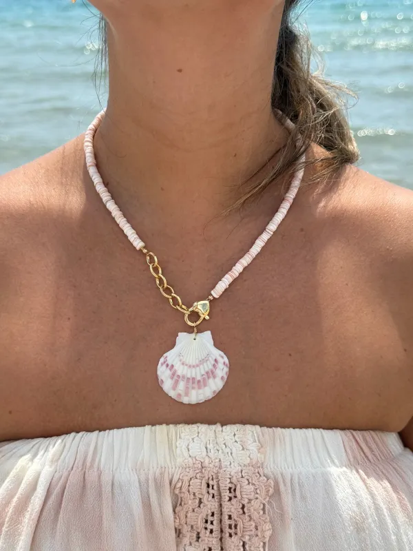 Pale Pink Heishi Scallop Shell Necklace sold by Mermaid & Me