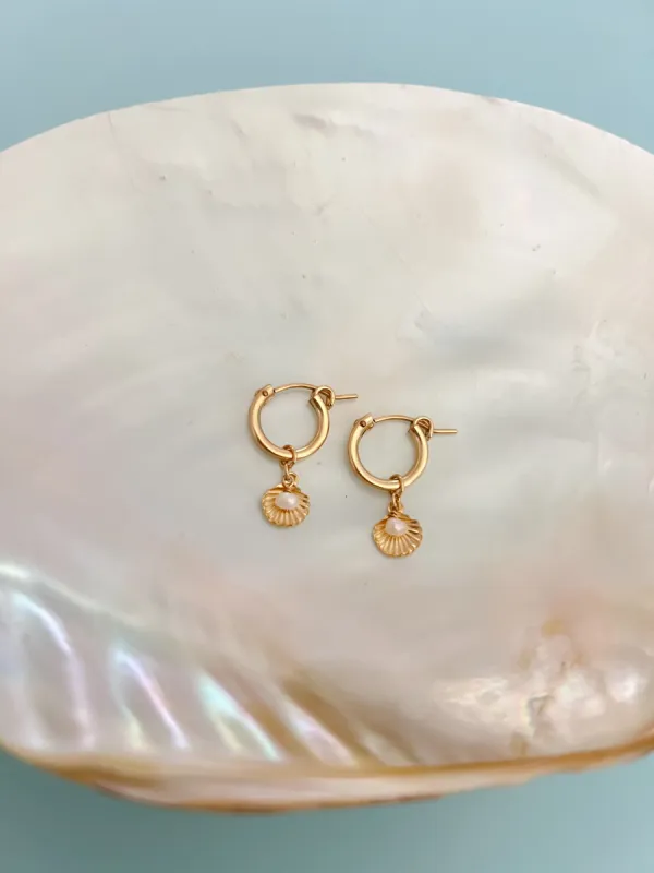 Shell & Pearl Gold Filled Huggie Hoop Earrings sold by Mermaid & Me