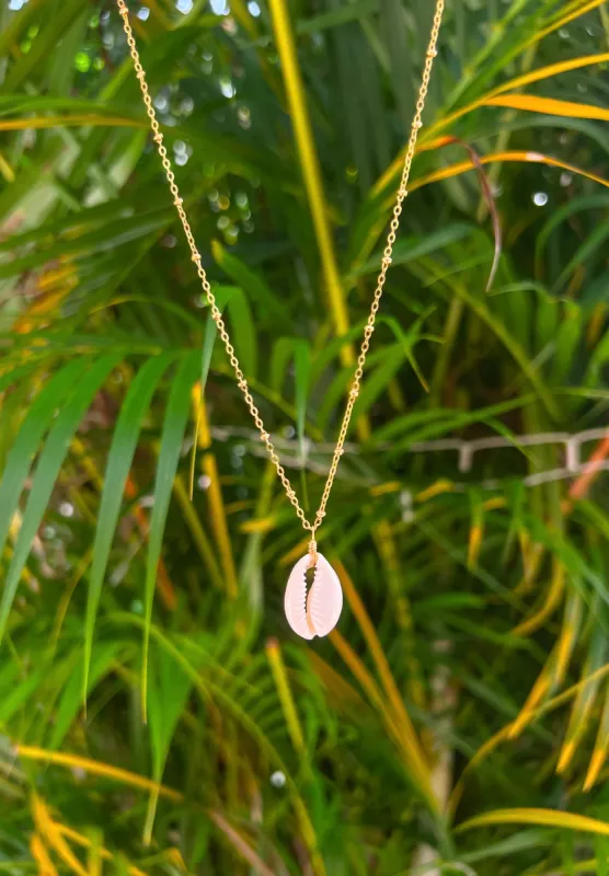 Real Cowrie Shell Necklace on Gold Plated Satellite Chain sold by Mermaid & Me
