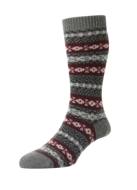 BRADSTOCK | Traditional Fair Isle Cashmere Socks | Light Olive Mix made by Pantherella