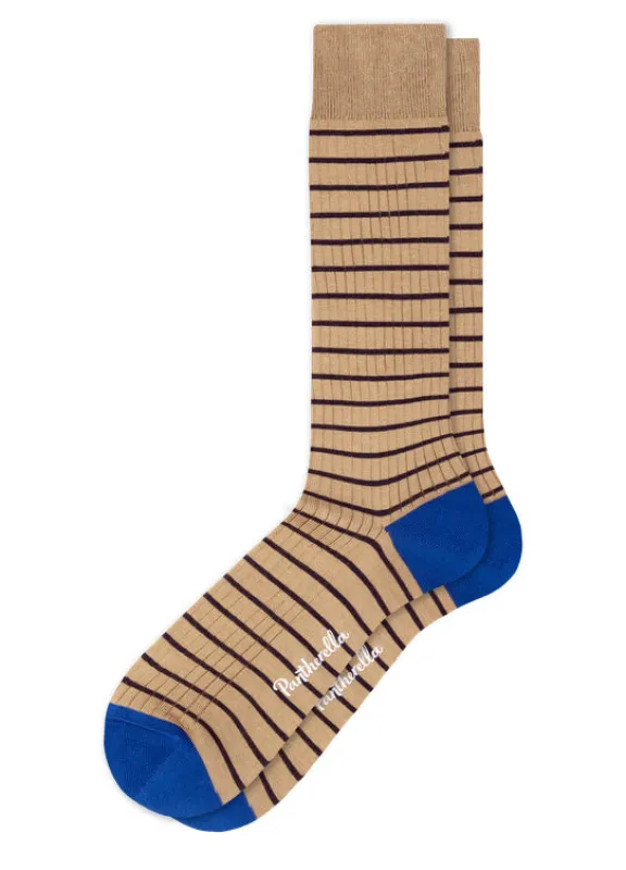 DOWNE | 5x1 Rib Fine Stripe Contrast Socks | Sand/Navy made by Pantherella