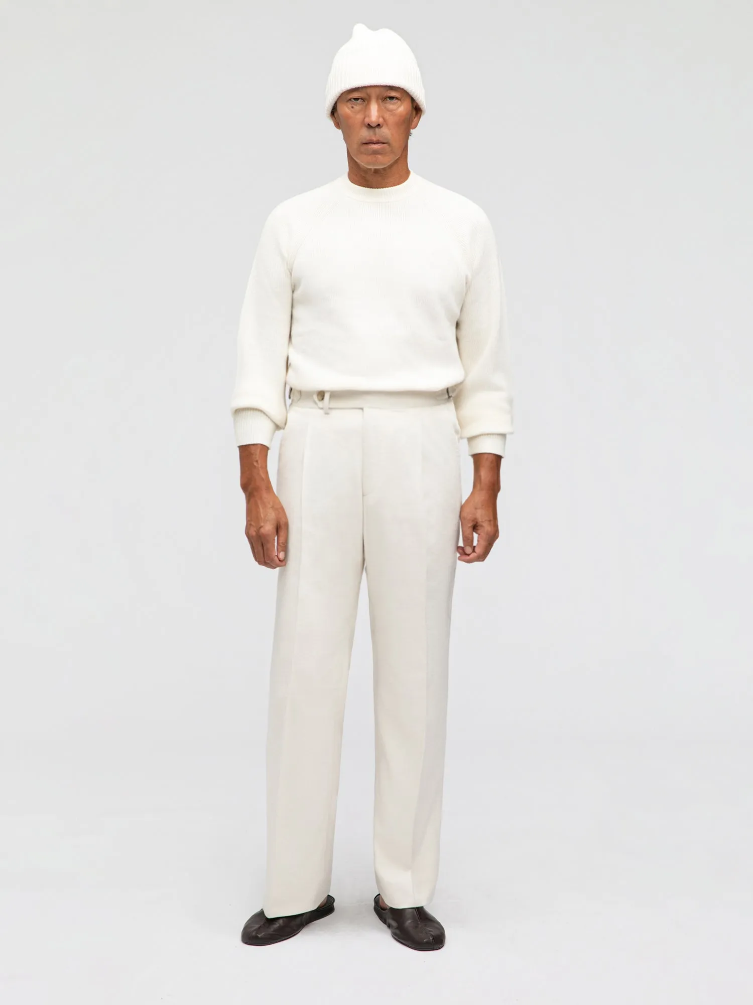 Ivory Wool Silk Trousers (Wide Fit) sold by Grand Lè Mar
