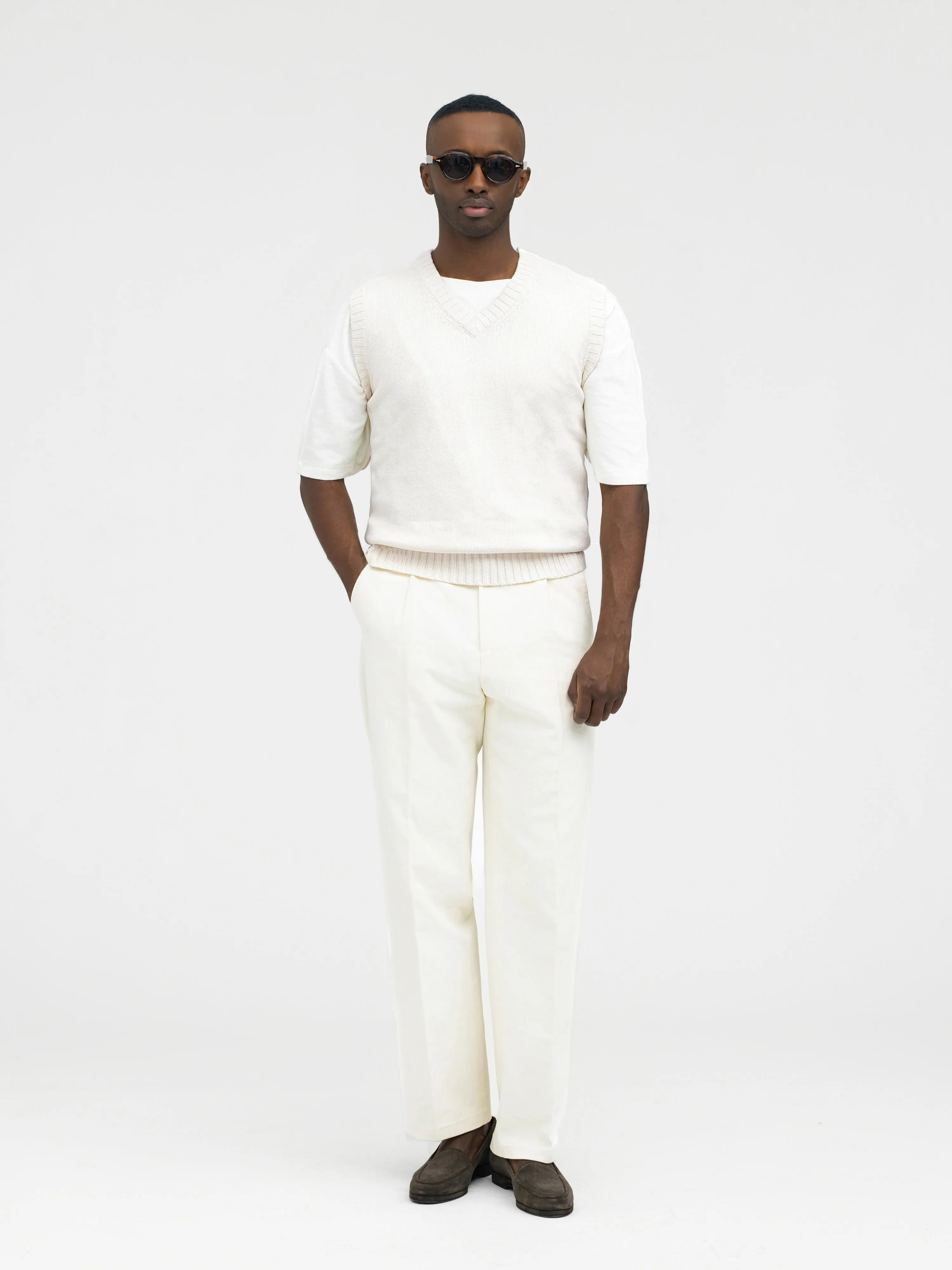 Ivory Cotton Silk V-Neck Vest sold by Grand Lè Mar