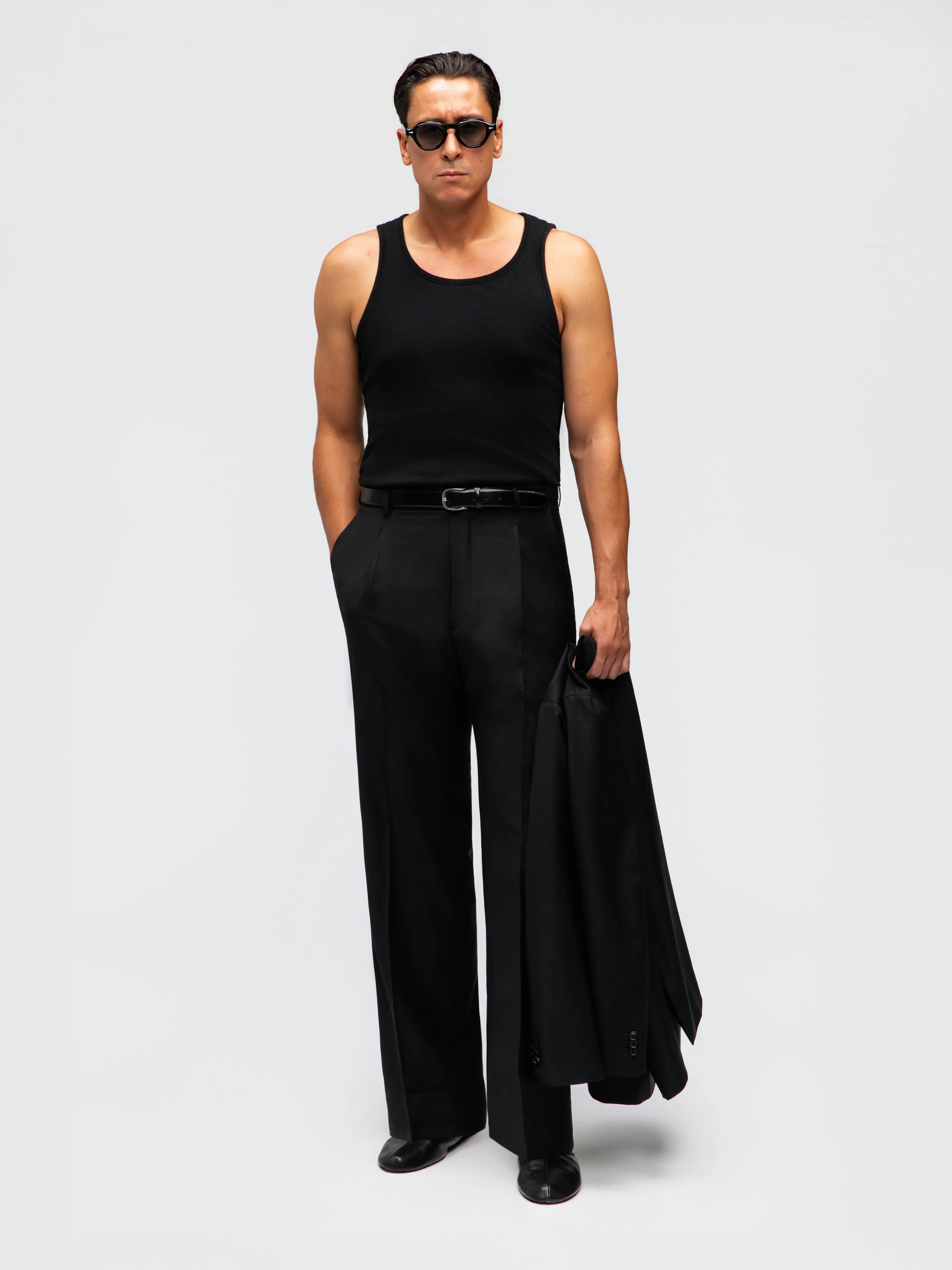 Black Wool Belt Trousers (Wide Fit) sold by Grand Lè Mar