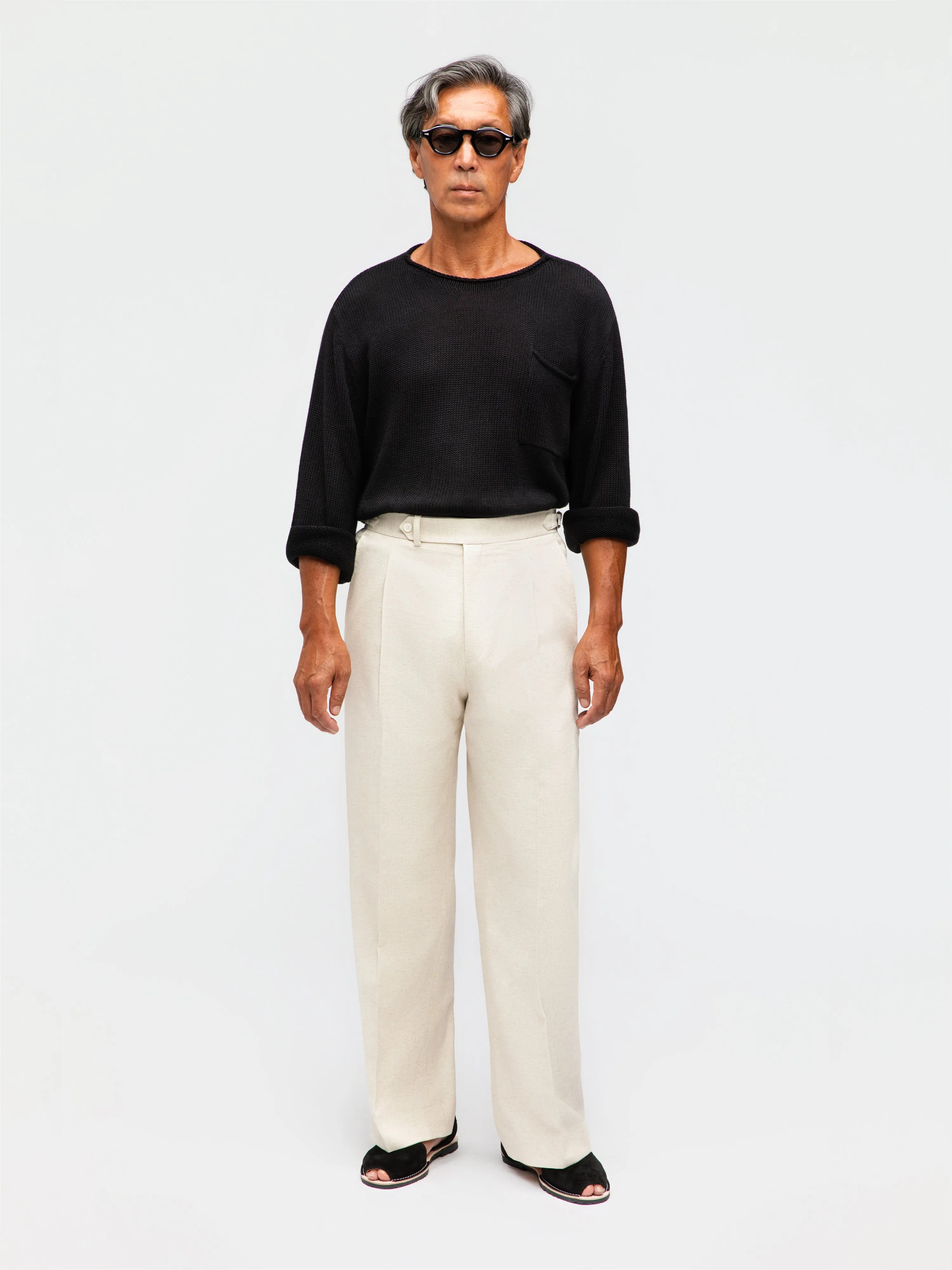 Oatmeal Cotton Linen Trousers (Wide Fit) sold by Grand Lè Mar