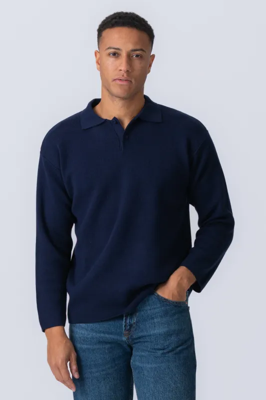 Strikkede Langærmede Polo - Navy sold by Teeshoppen