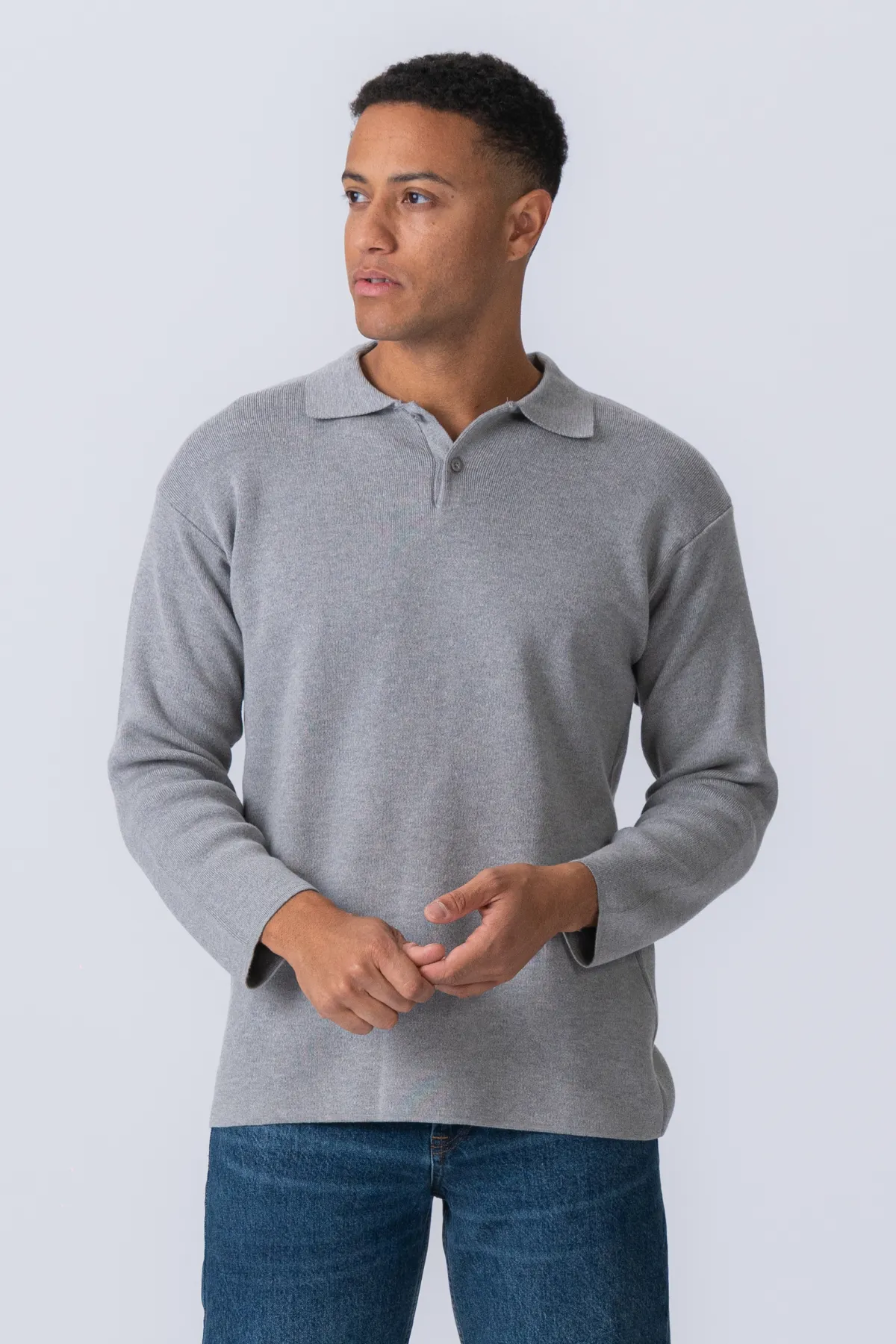 Strikket Langærmet Polo - Grå sold by Teeshoppen