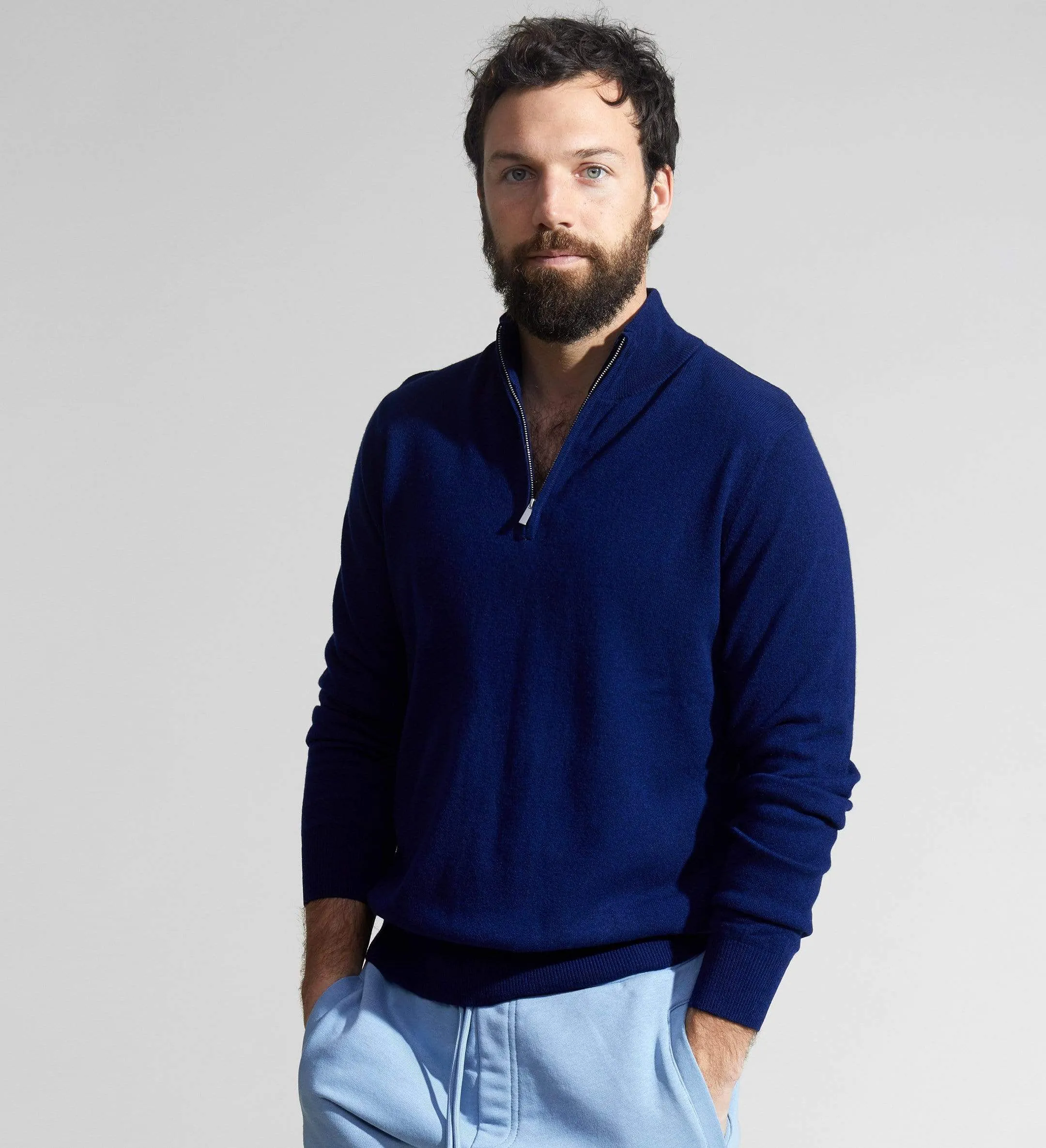 The Mock-Neck Quarter Zip Cashmere Polo Sweater sold by State Cashmere