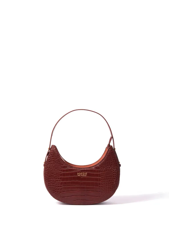 Naomi Leather Moon Bag with Croc-Embossed Pattern, Caramel sold by Bob Ore Blue Collection