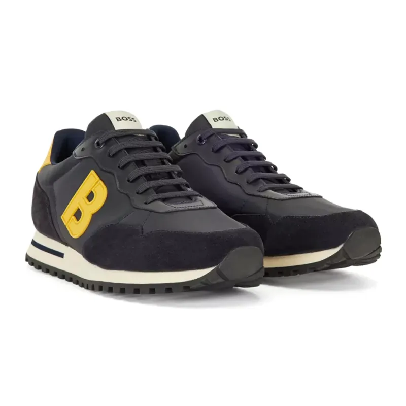 BOSS Men's Mixed-Material Trainers with 'B' Detail in Dark Blue  50474720-407 sold by J&Z Couture