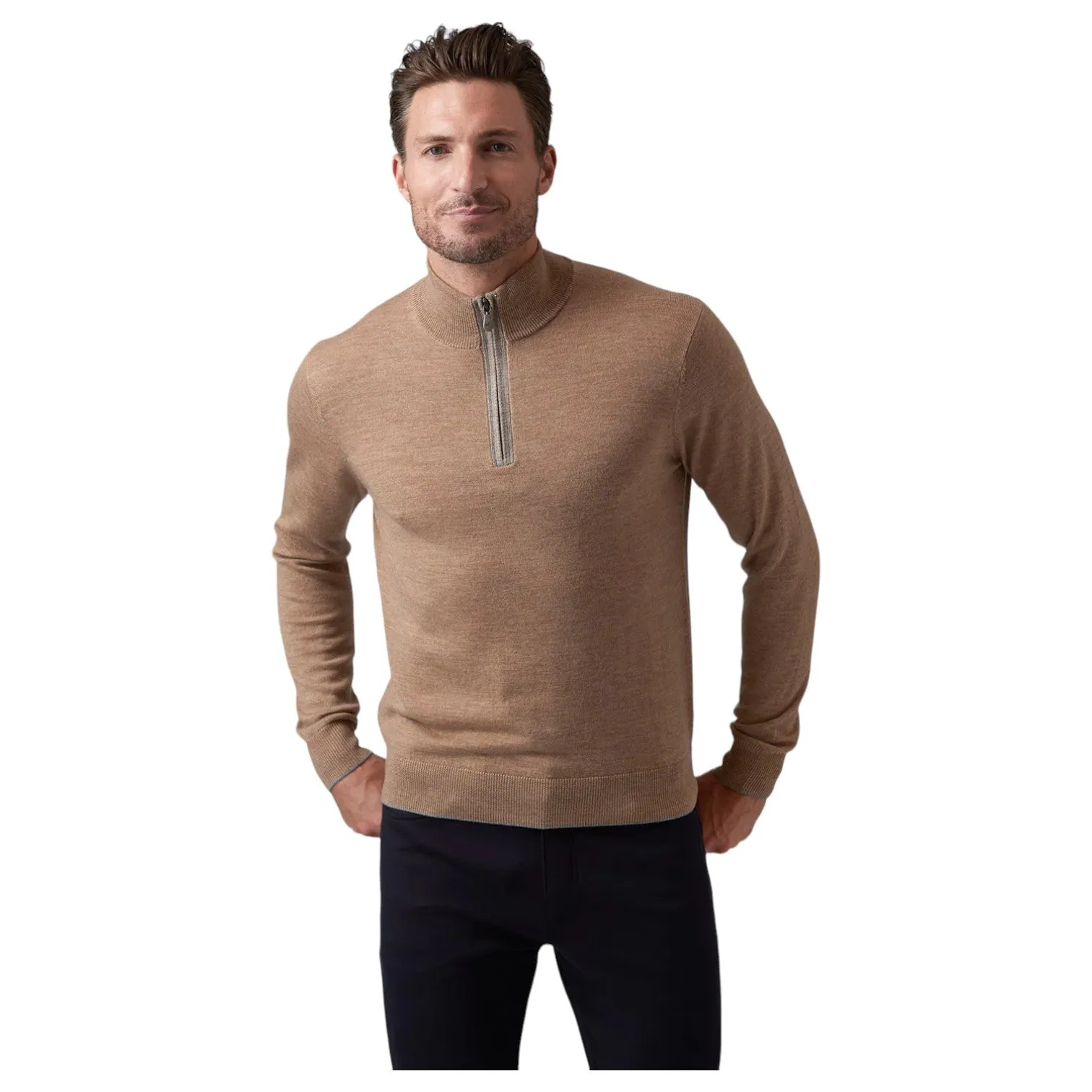Raffi Mock Neck Quarter Zip Sweater in 100% Merino Wool HWC19398-Z Camel sold by J&Z Couture