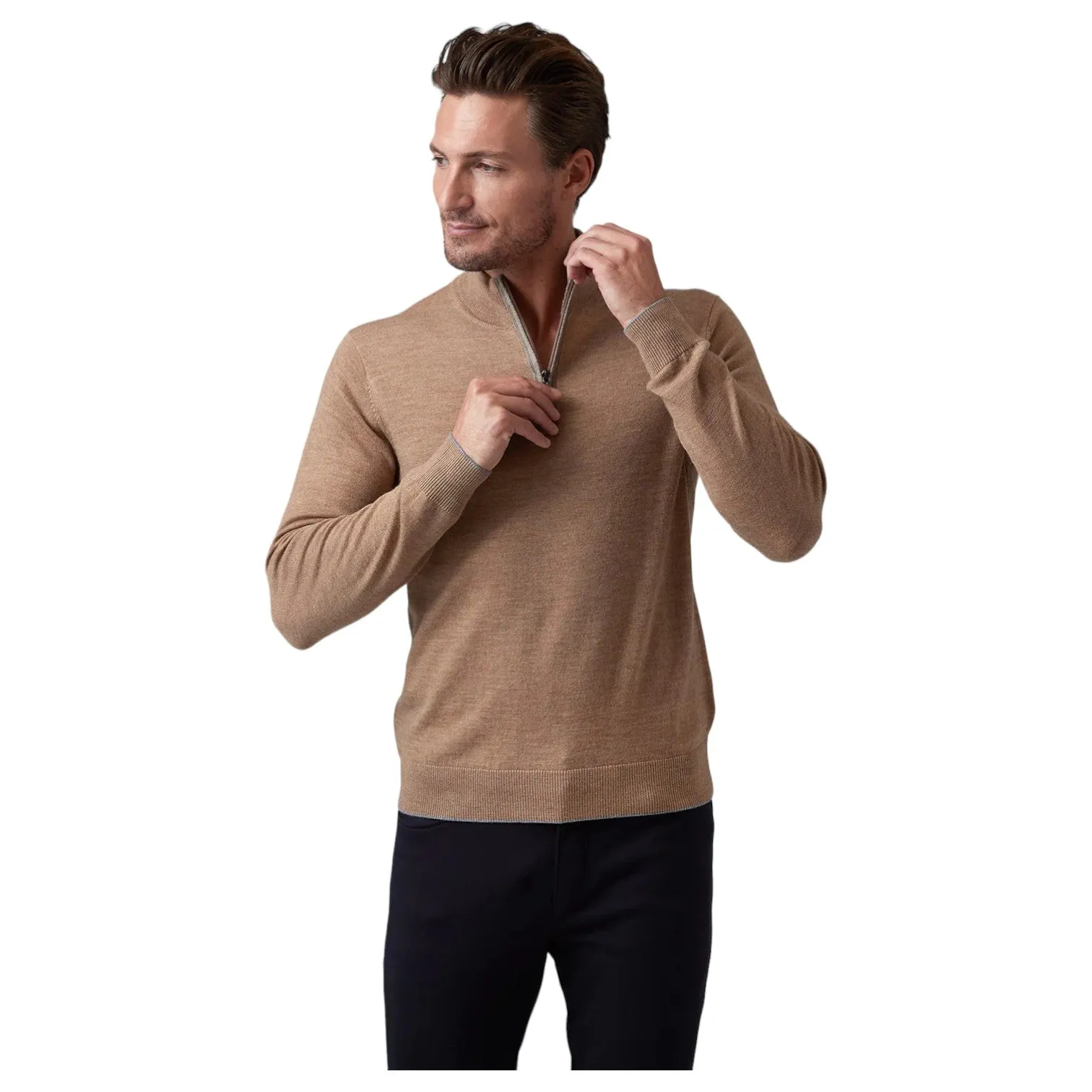 Raffi Mock Neck Quarter Zip Sweater in 100% Merino Wool HWC19398-Z Camel sold by J&Z Couture product image thumbnail 2