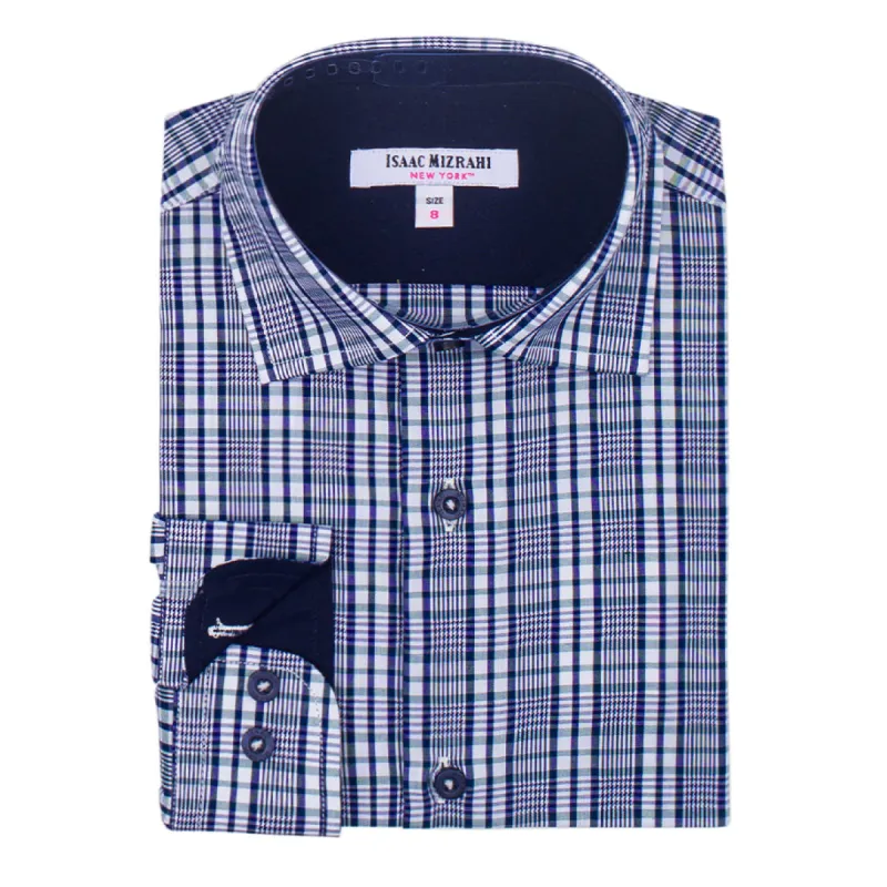 Boys' Cotton Long Sleeve Button-Down Dress Shirt in Navy Plaid sold by J&Z Couture