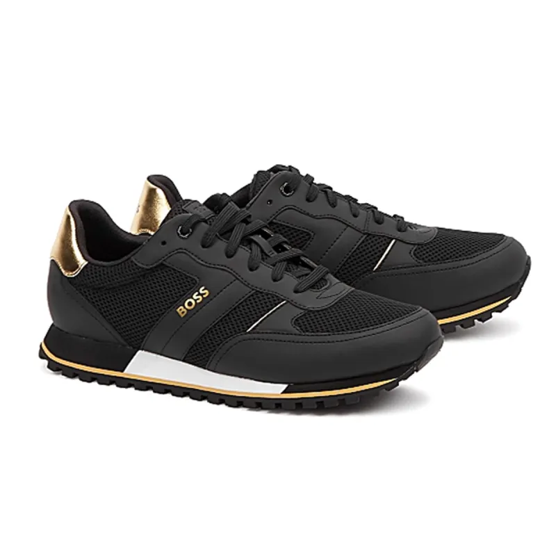 BOSS Men's Men's Parkour Runner Black and Gold Paneled Sneakers  50474686-007 sold by J&Z Couture
