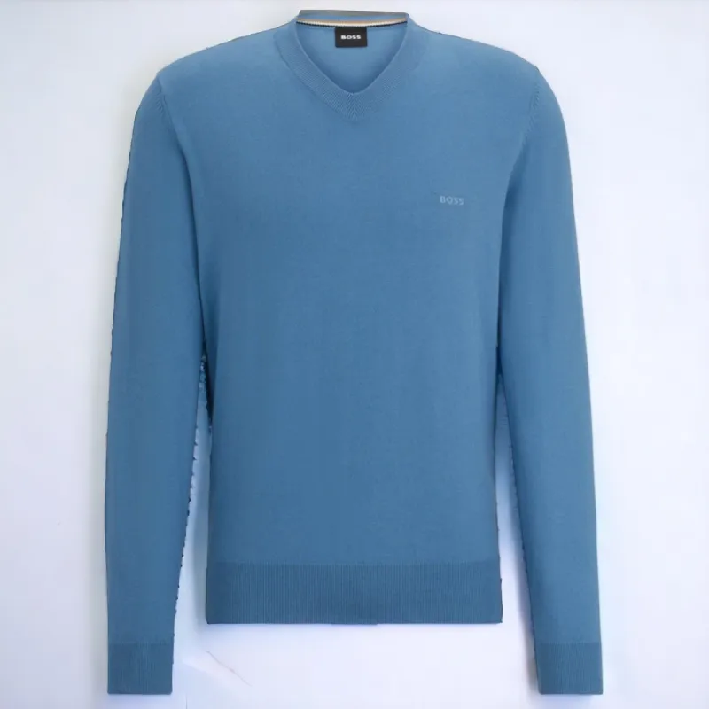 BOSS - PACELLO Light Pastel Blue V-Neck Cotton Sweater  50506042 459 made by Hugo Boss