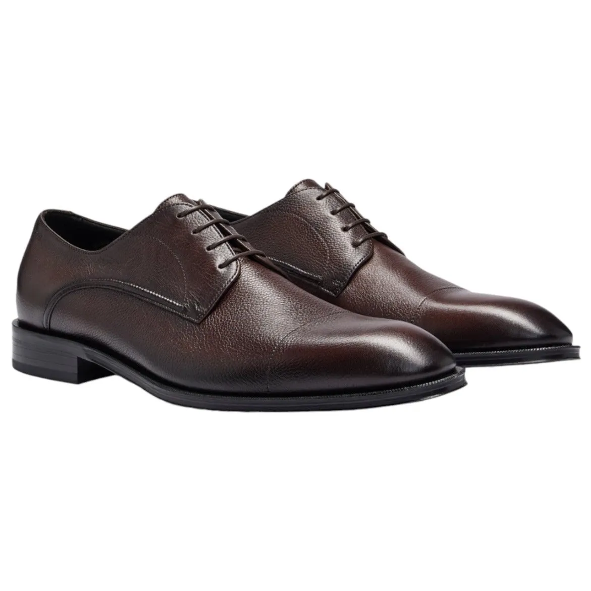 BOSS Dark Brown Grained Leather Derby Shoes with Cap Toe 50500338-203 sold by J&Z Couture