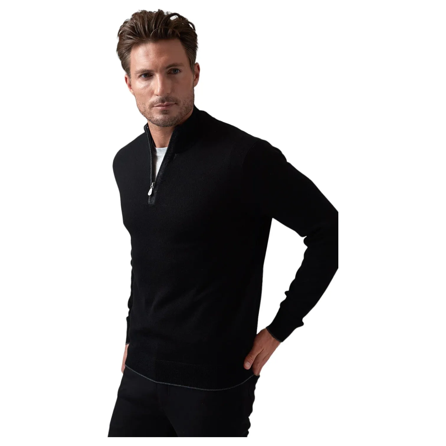 Raffi Mock Neck Quarter Zip Sweater in 100% Merino Wool HWC19398-Z Black sold by J&Z Couture product image thumbnail 3
