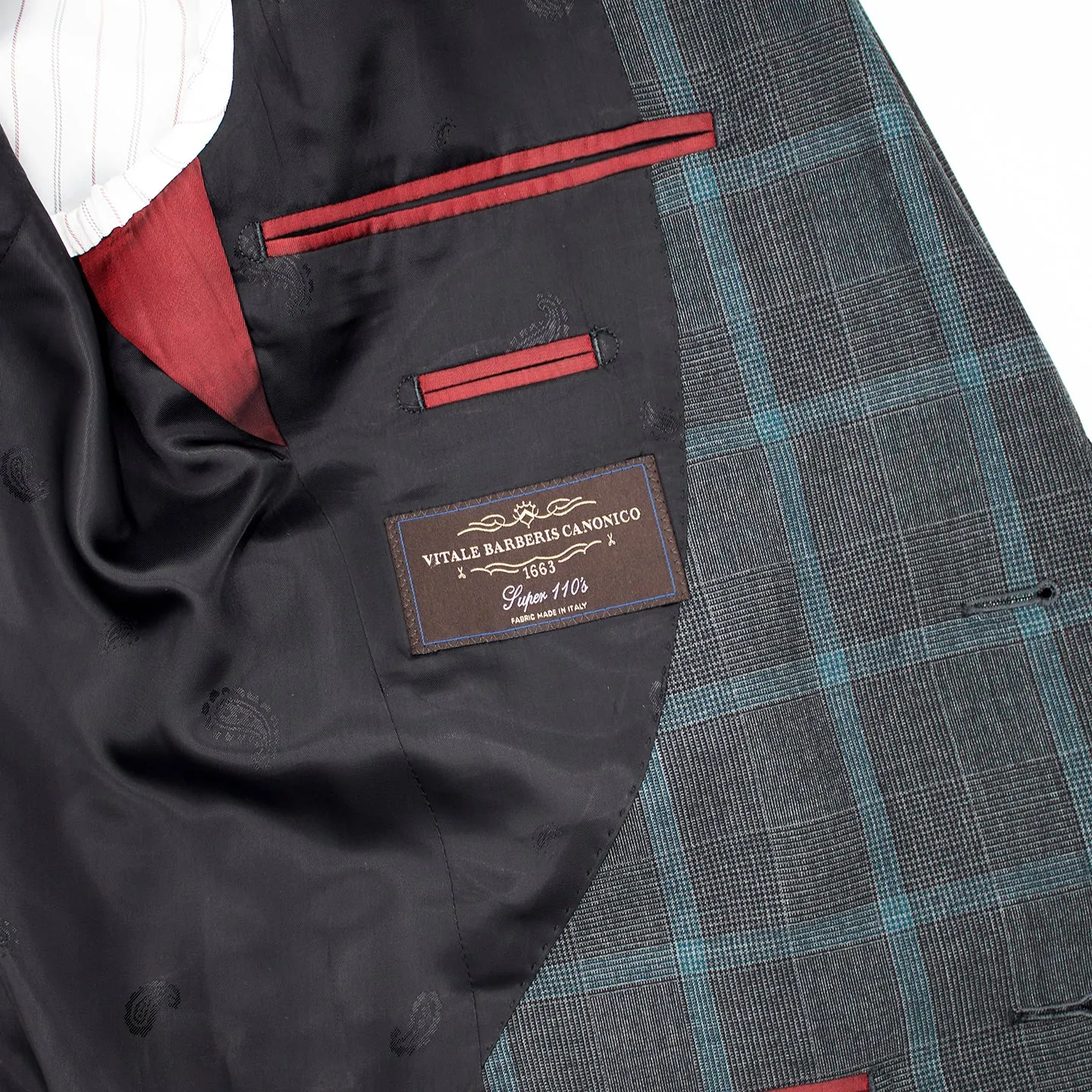 Bartorelli Italian-Made 100% Wool Two-Piece Suit with Peak Lapels in Gray and Teal Windowpane Pattern sold by J&Z Couture product image thumbnail 3