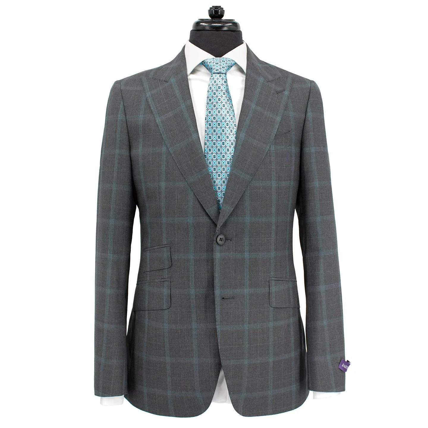 Bartorelli Italian-Made 100% Wool Two-Piece Suit with Peak Lapels in Gray and Teal Windowpane Pattern sold by J&Z Couture