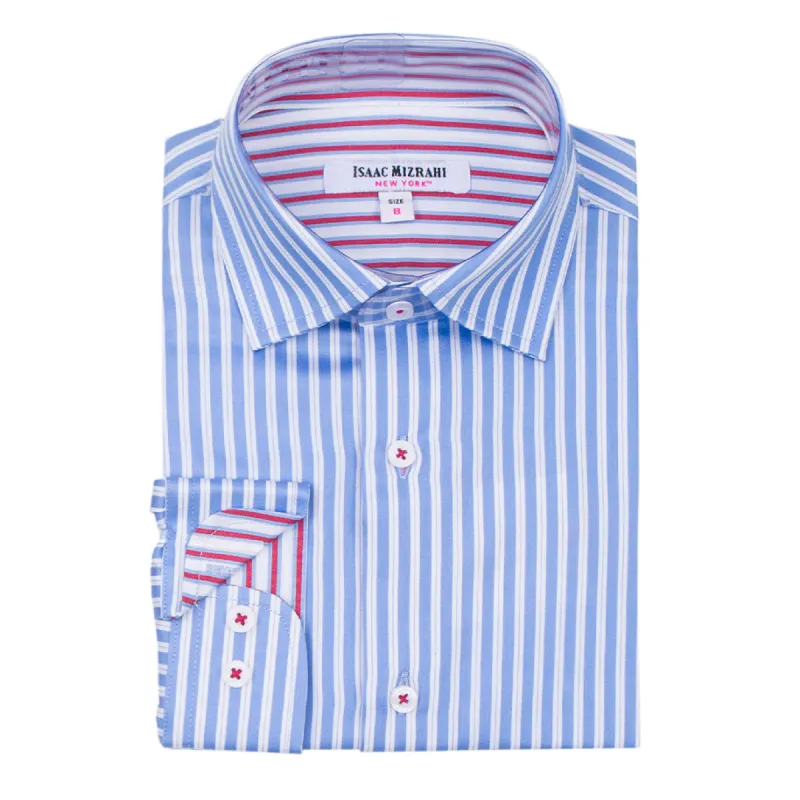 Boys' Cotton Long Sleeve Button-Down Blue and White Stripe Dress Shirt sold by J&Z Couture