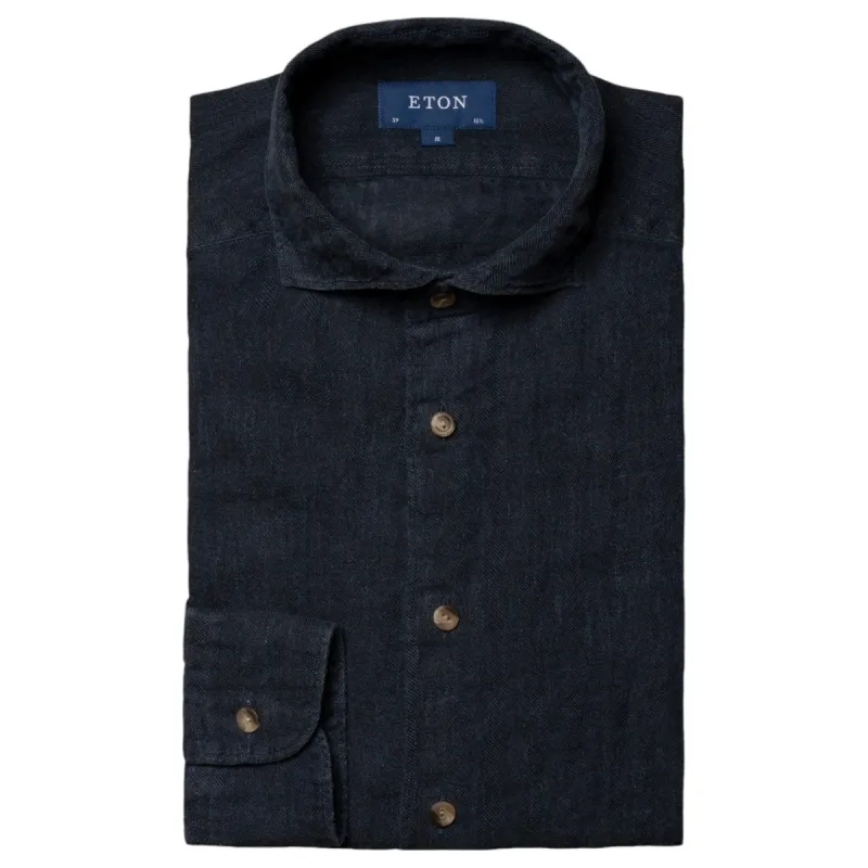 Eton Navy Blue Herringbone Linen Long Sleeve Shirt 100010111 28 sold by J&Z Couture