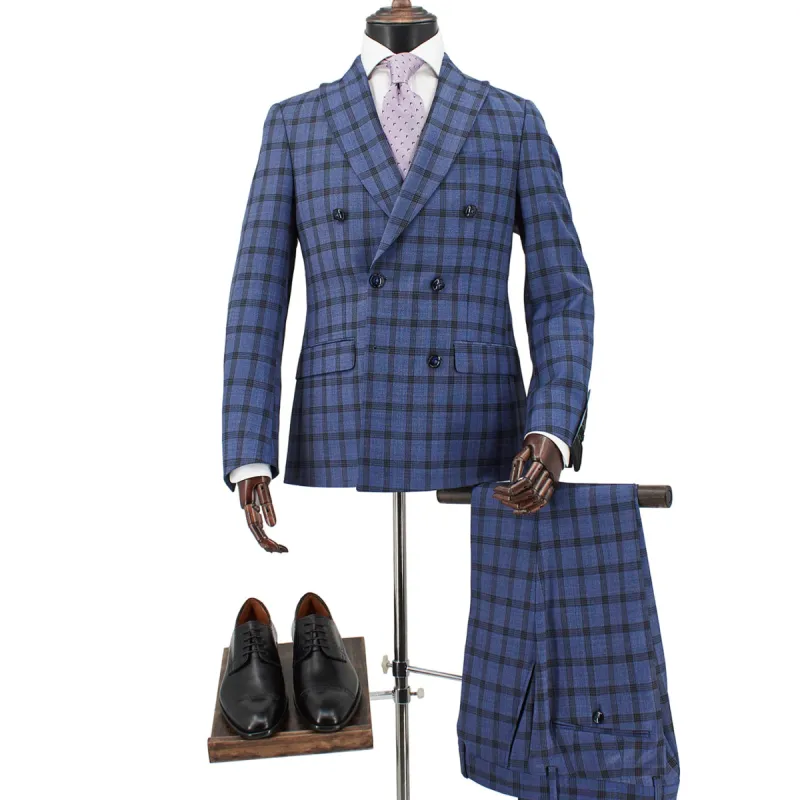 Fabio Paoloni Men's Double-Breasted Blue Windowpane Suit sold by J&Z Couture