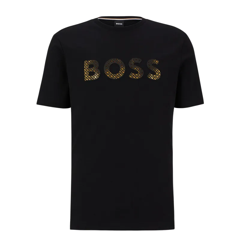 BOSS Men's Gold Monogram-Filled Logo T-Shirt in Interlock Cotton in Black 50481590-001 sold by J&Z Couture