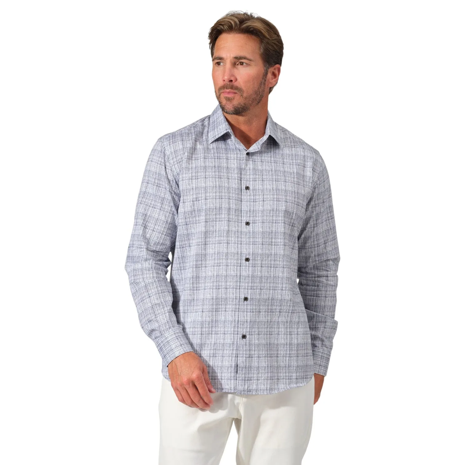 Garnet Mens Brushstroke Print Stretch Cotton Shirt In Navy 2521009CS-4 sold by J&Z Couture