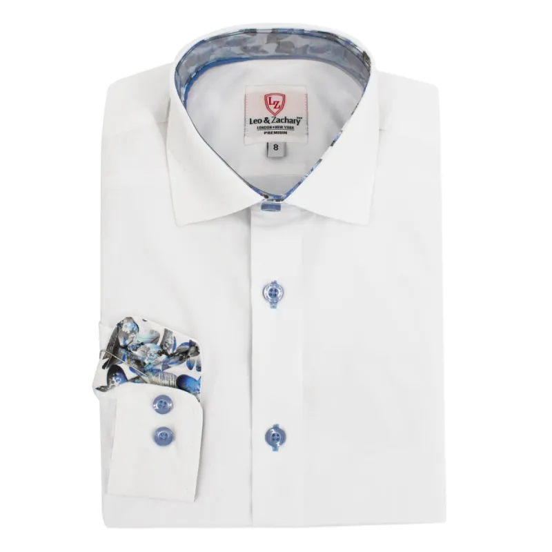Boys' Slim-Fit Long Sleeve Contrast Collar Dress Shirt in White/Light Blue sold by J&Z Couture