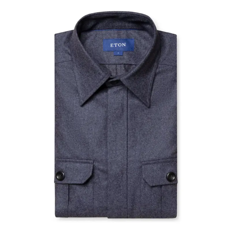 Eton Men's Wool-Cashmere Flannel Overshirt 100003542 Navy sold by J&Z Couture