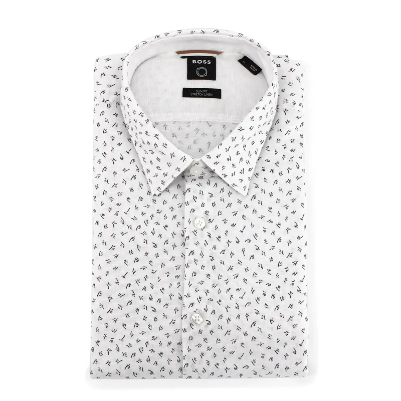 BOSS Men's Slim-Fit Long Sleeve Shirt in Printed Stretch Linen in White 50468059-405 sold by J&Z Couture