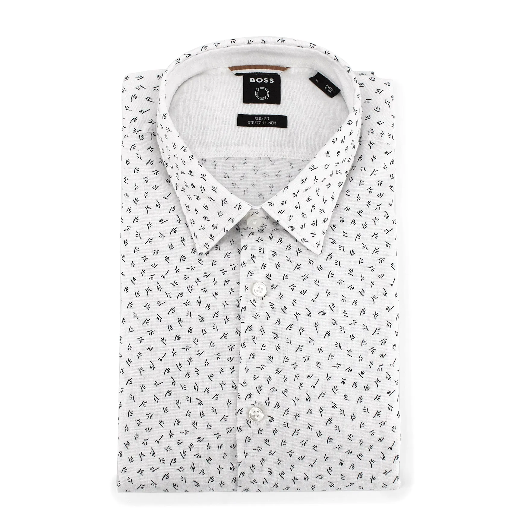 BOSS Men's Slim-Fit Long Sleeve Shirt in Printed Stretch Linen in White 50468059-405 sold by J&Z Couture